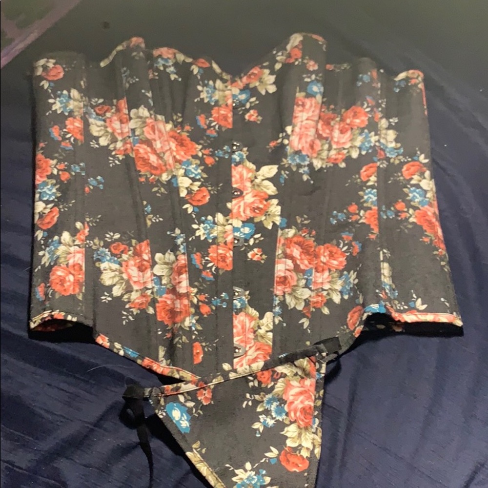 NWOT black with floral corset and thong set S/M